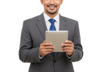 Man in suit holding a tablet device smiling on transparent background