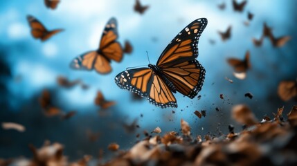 Obraz premium Vibrant Monarch Butterflies Surrounded by Nature in Stunning Colorful Fluttering Dance