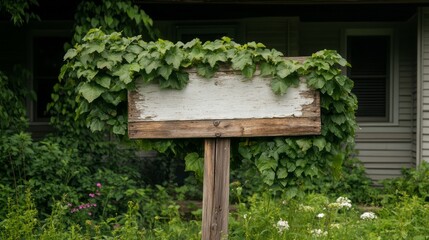 Weathered Wooden Sign Covered in Green Ivy and Surrounded by Lush Vegetation in Nature