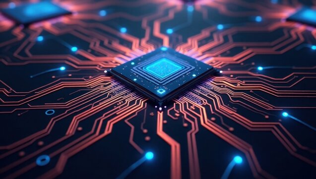 Central Processing Unit Microchip Circuit Board Blue Orange Glow