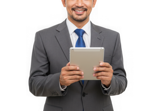 Man in suit holding a tablet device smiling on transparent background
