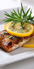 Gourmet Guppy Fillet Grilled with Rosemary and Lemon Slice on Transparent Background

