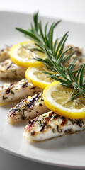 Gourmet Guppy Fillet Grilled with Rosemary and Lemon Slice on Transparent Background

