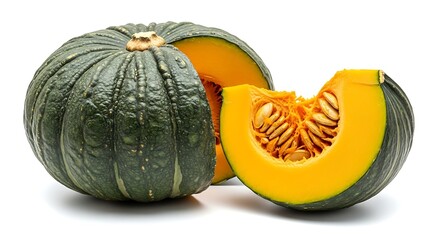 A Kabocha squash with a slice cut out, revealing the orange flesh and seeds, set against a white background.