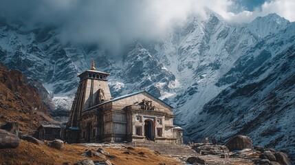 Kedarnath Temple nestled amidst snowy Himalayan mountains, a sacred pilgrimage site with stunning views.