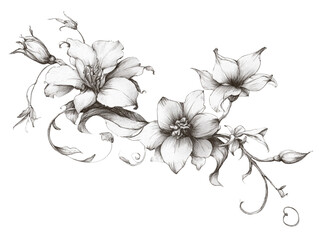 Botanical ink sketch of intertwined larkspur and water lily flowers with gentle flow