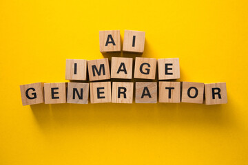 Ai image generator written with wooden cubes on yellow background