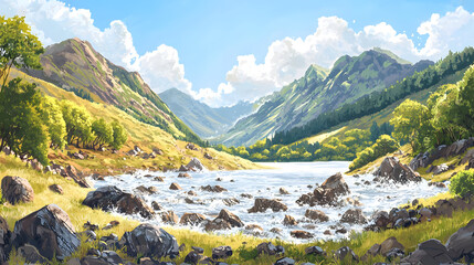 Sunny mountain valley with a rushing river. Lush greenery and rocky riverbed. Picturesque landscape