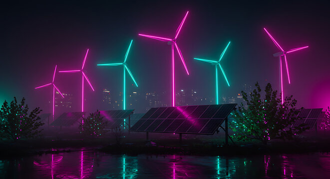 A futuristic cyberpunk-inspired renewable energy scene at night featuring glowing neon-lit wind turbines and solar panels