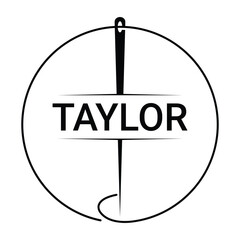 Tailor silhouette logo with needle, thread, benik and sewing machine markings. Logo design for tailors, fashion, boutiques and other clothing companies design Vector Template Illustration