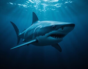 Obraz premium Dramatic 3D Render of a Menacing Great White Shark in Deep Ocean