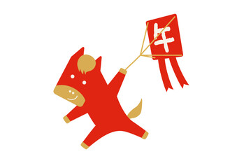 年賀用/凧揚げをするシンプルな赤い馬のキャラクターイラスト