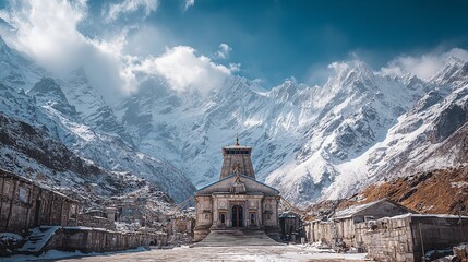 Majestic Kedarnath Temple Surrounded by Snow-Capped Mountains in the Himalayas during Winter