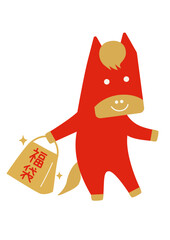 年賀用/笑顔で福袋を持つシンプルな赤い馬のキャラクターイラスト