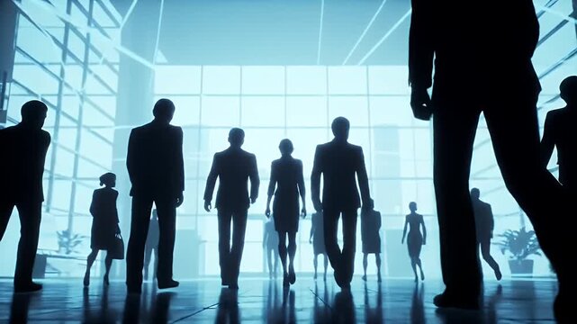 Silhouetted Business Team Enters Blue Lit Modern Lobby with Geometric Design and Corporate Professionals
