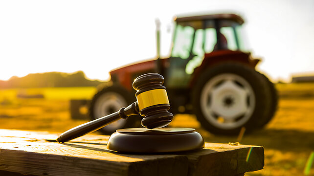 Gavel and tractor symbolizing agricultural law and justice in the countryside