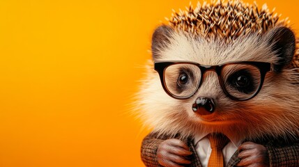Whimsical photo of a fox wearing glasses and a suit, sitting on an orange background. Humorous and artistic, this image is perfect for those who love cute animals and creative ideas.
