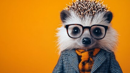 A humorous, whimsical image of a hedgehog wearing glasses and a suit. The image portrays the animal in an amusing human-like pose and outfit.
