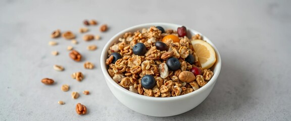 A bowl of crunchy granola with mixed nuts and dried fruits sits on a light grey table,  oatmeal,   closeup