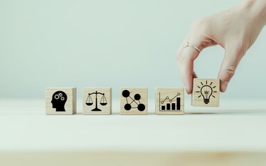 Business growth and strategy development with icons representing ideas, balance, connectivity, and progress.