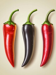 Three vibrant chili peppers of different colors, ready for use in cooking or as a snack.