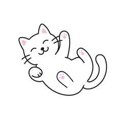 Happy white kitten playfully rolls on its back, paws in the air, simple line art illustration