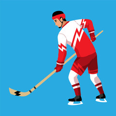Hockey player. Ice hockey team sport, men with hockey sticks. Sportsman with helmet in cartoon flat style. Vector illustration isolated on white background
