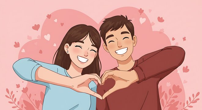 Happy couple making heart shape with hands on pink background