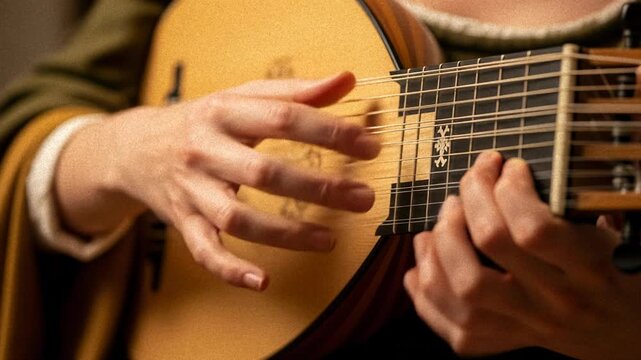 Lutenist performing intricate finger movements on Renaissance lute showcasing musical technique