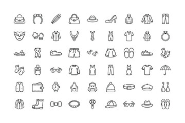 Clothing and accessories vector art of a diverse collection of fashion and clothing icons, showcasing various apparel and accessories