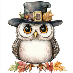 Cute watercolor owl wearing a hat surrounded by autumn leaves. Hand-painted woodland bird illustration, perfect for seasonal designs, decor, and greeting cards.

