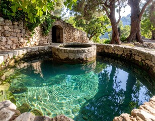 Ancient stone well in a lush garden