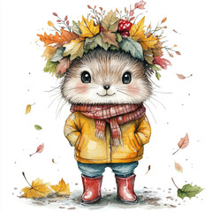 Adorable watercolor ferret surrounded by a wreath of autumn leaves and berries. Hand-painted woodland animal art, perfect for seasonal decor, greeting cards, and nature-inspired designs.