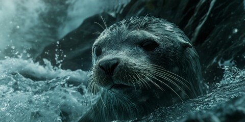 Close-up of a sea otter swimming in ocean waters, with the animal partially submerged.