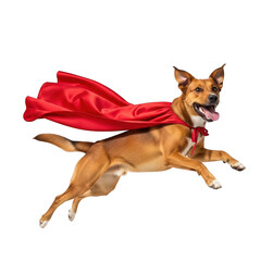  happy dog wearing a red superhero cape, running and jumping, isolated on transparent background