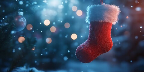 Santa Claus stocking hanging from a tree in the snow at night during Christmas time.