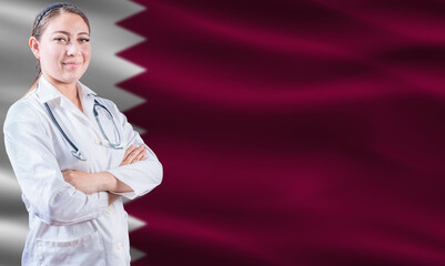 Female doctor on Qatar flag. Doctor with crossed arms on Qatar flag. Qatar health and care concept