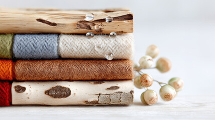 Fototapeta premium Pile of Varied Textile Textures and Rustic Wood Grain Pieces with Botanical Accent