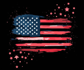 Vector design with decorative drawing of 
torn national flag of usa is fluttering in wind. 
Fashion t-shirt print. American pattern of stars 
and wavy stripes for textiles, fabric, clothing.