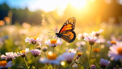 Monarch Butterfly in a Sunlit Meadow