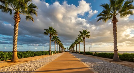 A scenic pathway lined with palm trees leading towards the ocean under a cloudy sky at sunset