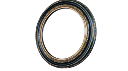 Oval decorative mirror with ornate black and gold frame