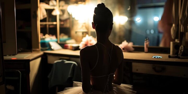 Young ballerina sitting backstage before performance