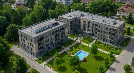 New modern block of flats in green area. residential apartment with flat buildings exterior. luxury villa complex. Part of City Real estate property, condo architecture. apartment insurance concept.