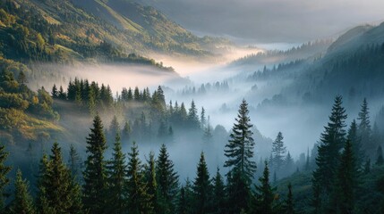 Fototapeta premium Misty mountain valley with pine forests