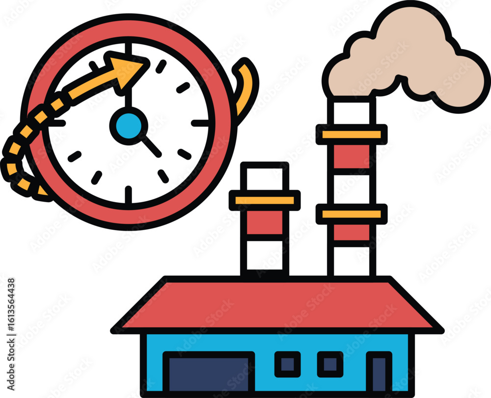 Poster a clock is shown with a red background and a blue building in the foreground