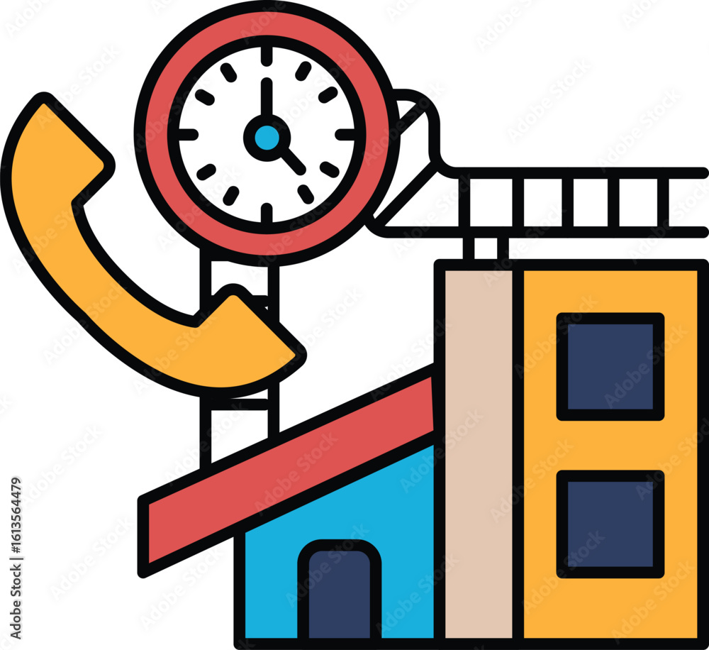 Poster a clock is on top of a building with a phone on the left side