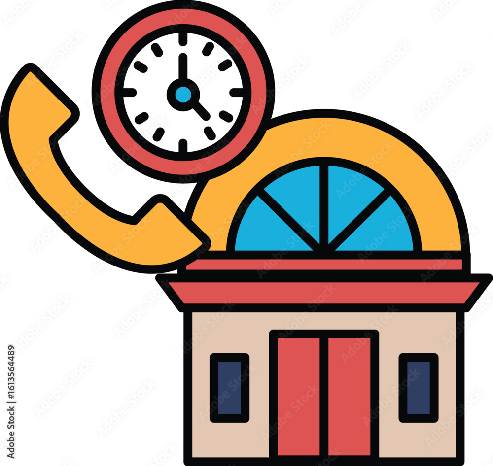 Poster a building with a clock and a phone on top of it