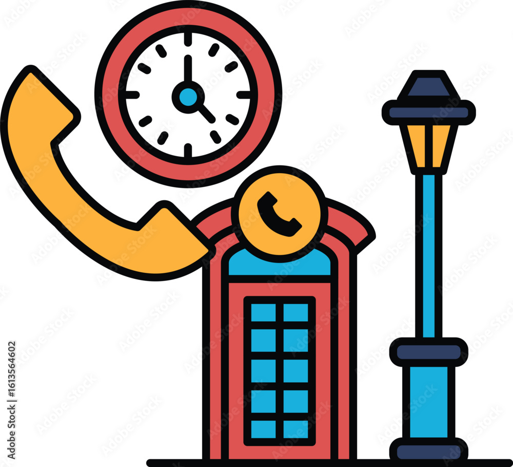 Poster a red telephone booth with a clock on the wall and a lamp post in the background