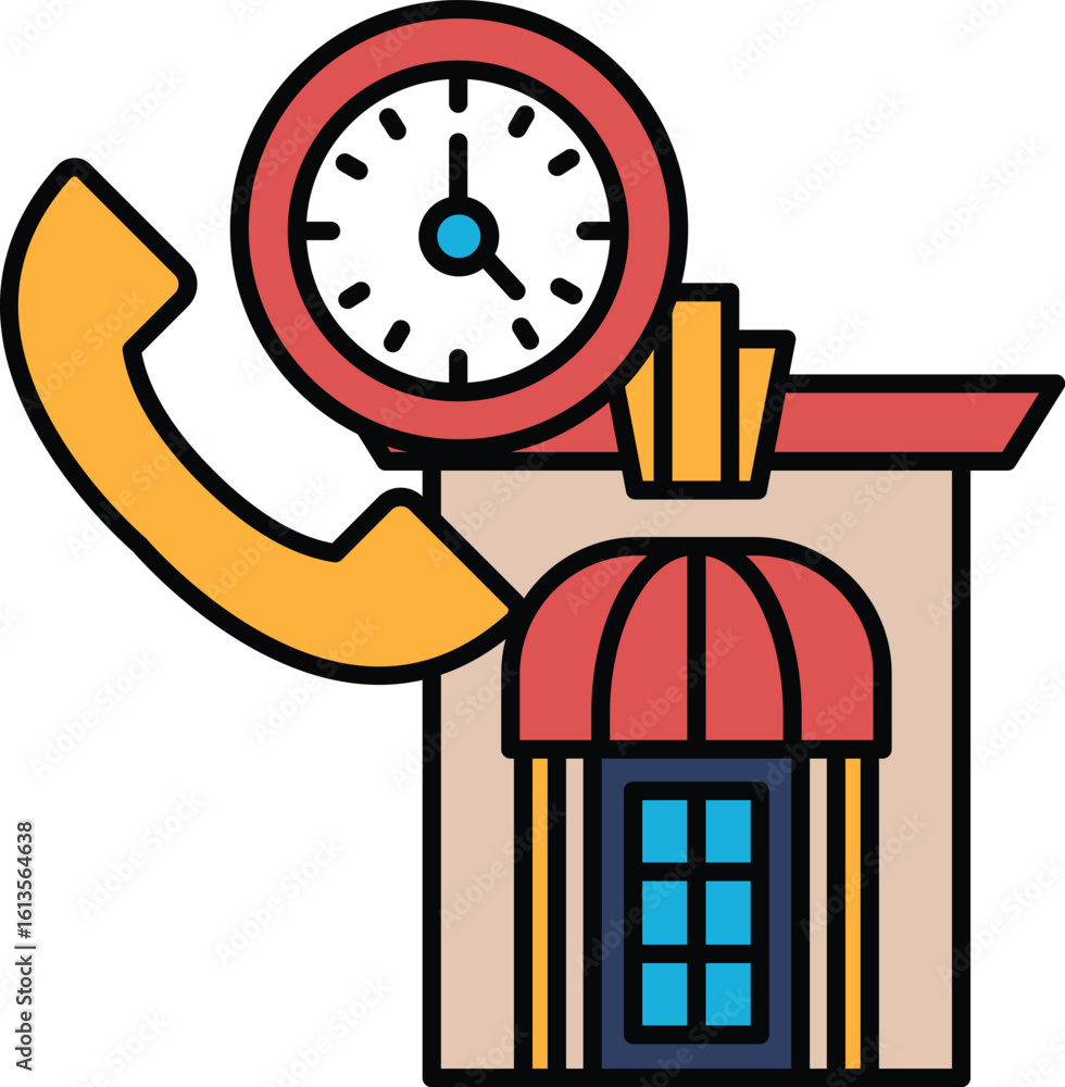 Poster a building with a clock and a phone on top of it
